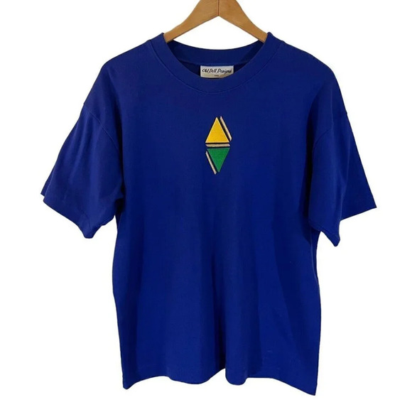 Old Dell Designs Vintage Embroidered T Shirt Medium Yellow Green Triangle Shapes - Picture 1 of 6